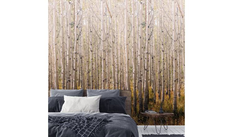 Grandeco  Birch Trees 3 lane Repeatable Textured Wallpaper Mural  - Neutral