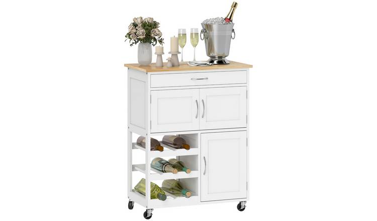 HOMCOM Kitchen Trolley on wheels with 9 Bottle Wine Rack - White
