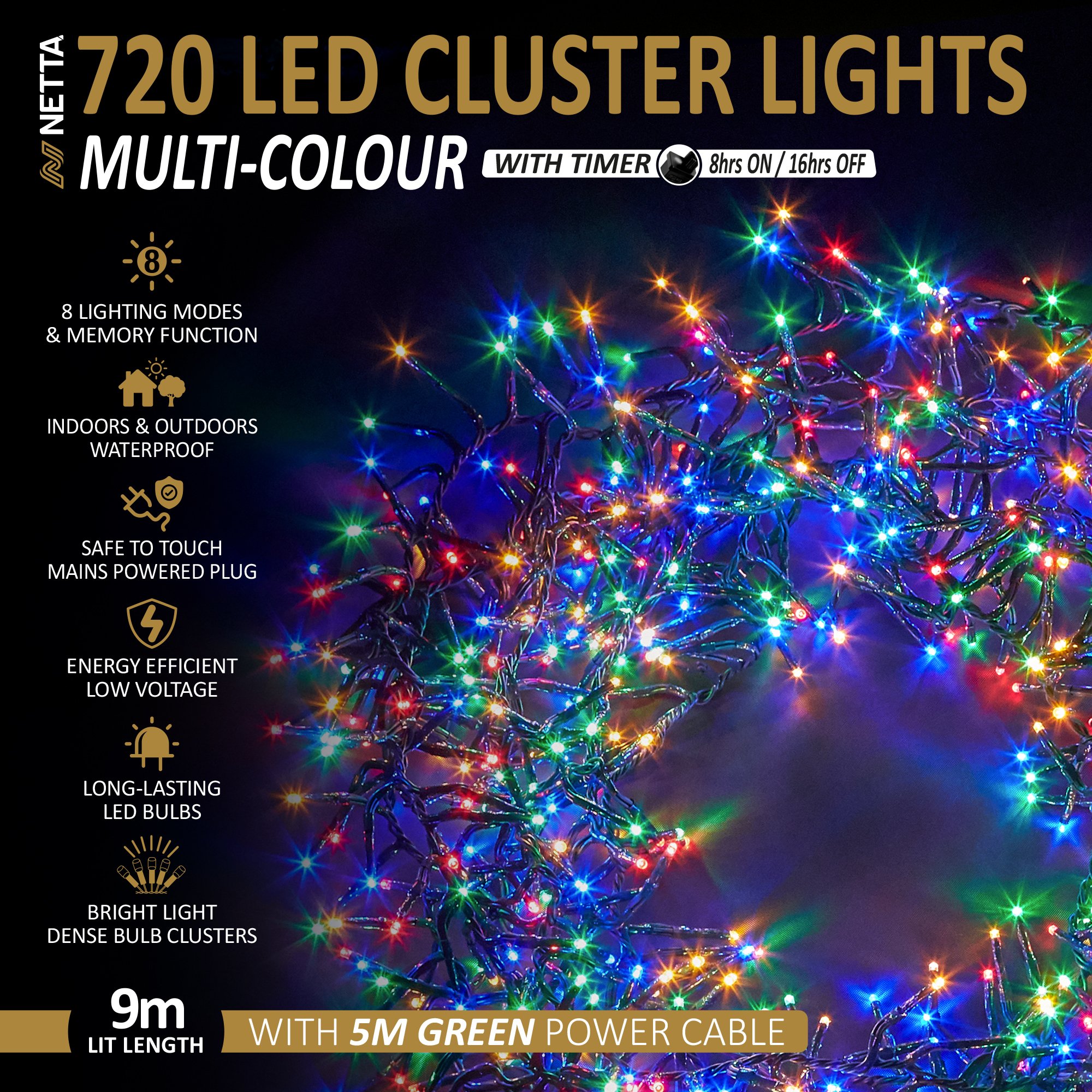 NETTA 720 LED 9m Christmas Cluster String Lights with Timer - Multicolour - Image 2