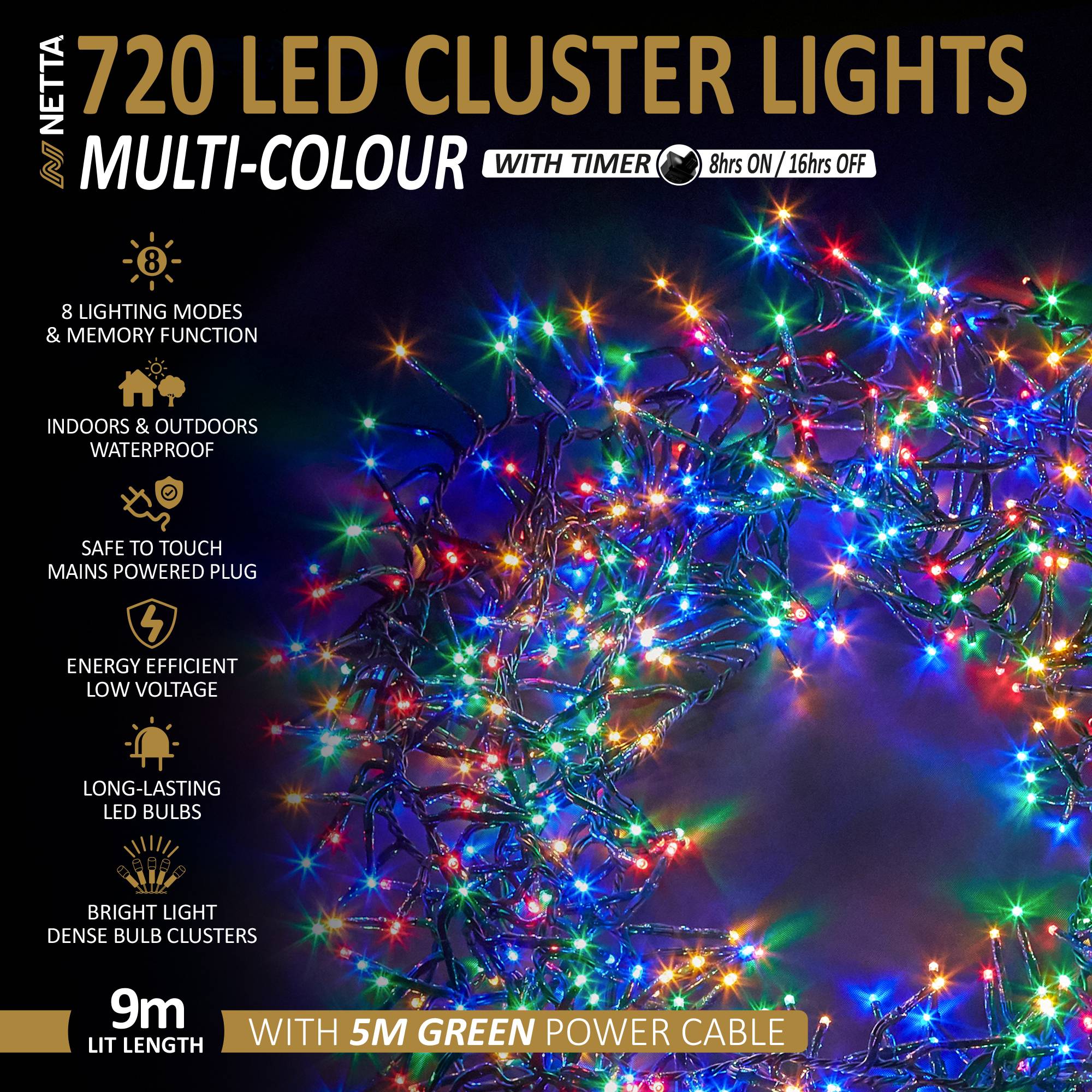 NETTA 720 LED 9m Christmas Cluster String Lights with Timer - Multicolour - Image 2