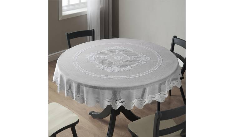 Luxury Living 183cm Leaf Lace Round Tablecloth with Scalloped Edge - White