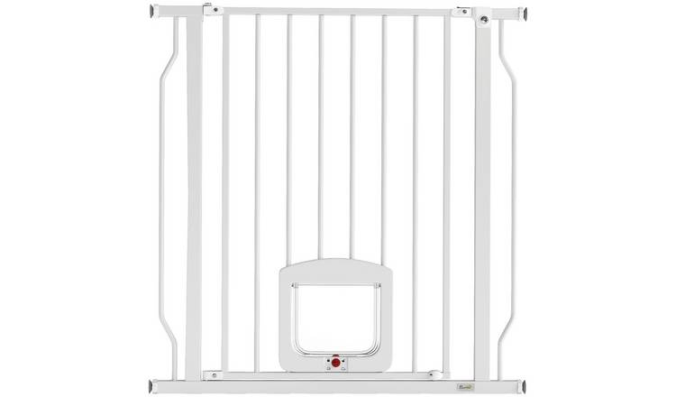 PawHut Pressure Fit Pet Gate with Cat Door - 75-85cm - White