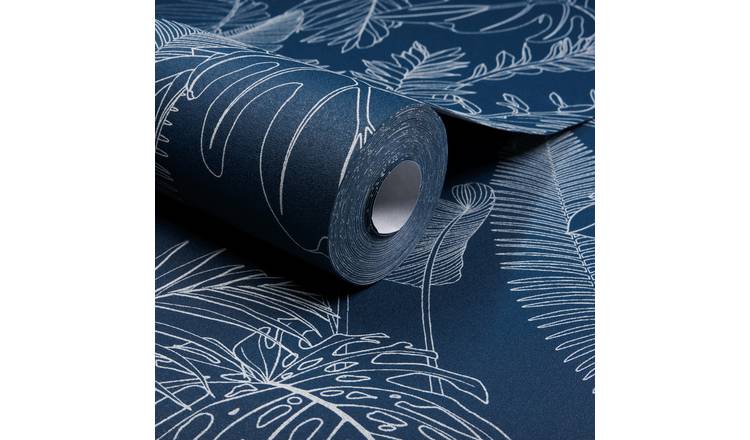 Grandeco Galapalos Sketch Leaf Sprig Foliage Blown Vinyl Wallpaper - Navy