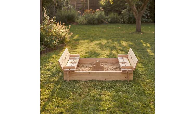 Charles Bentley Children's Wooden Sandpit with Fold-Down Benches - Beige