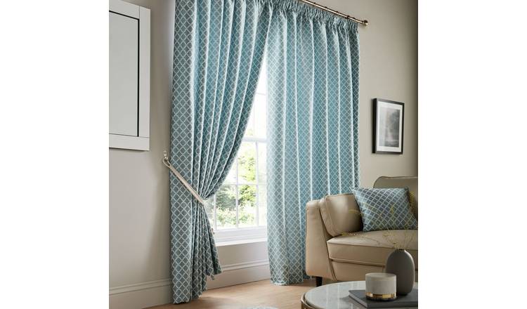 Luxury Living Geometric Lined Pencil Pleat Taped Curtains 229cm x 274cm - Teal