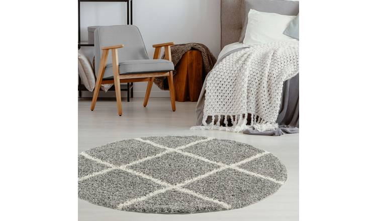 The Rugs Grey Moroccan Shaggy Diamond Round Rug - 120cm