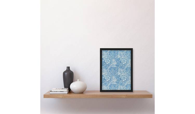 William Morris Marigold Flower Blue Pattern Framed Art Print - A4