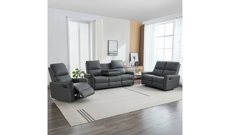 Furniture Online Madrid Manual Recliner Leather 1+2+3 Seater Sofa Set - Grey