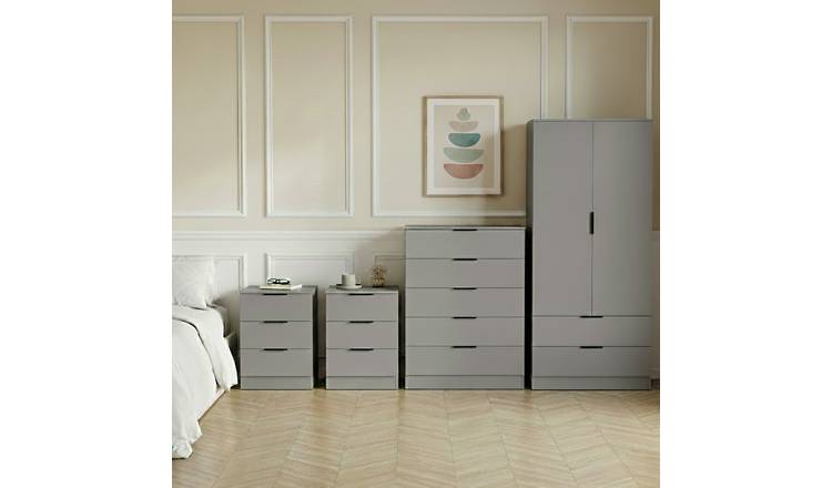 Vida Designs Trega Bedroom Set (Bedsides, 5 Drawer Chest, 2x2 Wardrobe) - Grey