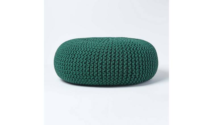 Homescapes Large Round Cotton Knitted Pouffe Footstool – Forest Green