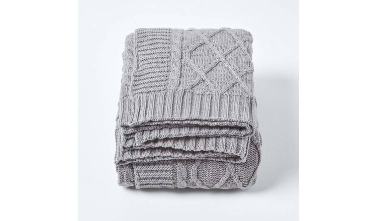Homescapes Cotton Diamond Cable Knit Throw - 130 x 170 cm - Grey