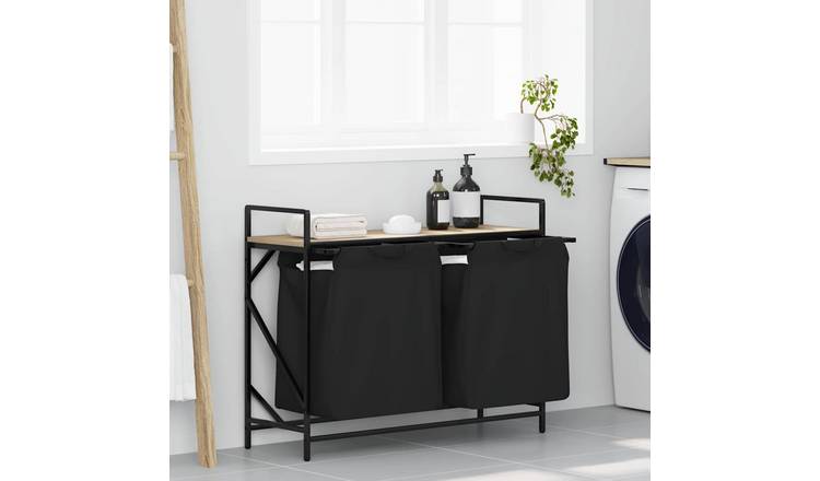 Walplus Steel Laundry Basket 2 Compartments with Shelf - Brown - 97 x 33 x 77 cm