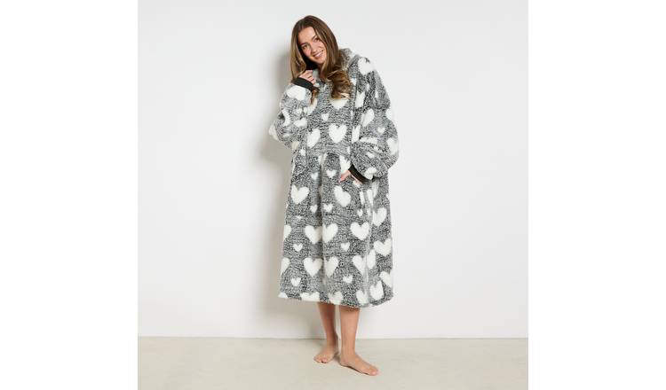 OHS Extra Long Heart Teddy Marl Hoodie Blanket - One Size - Black