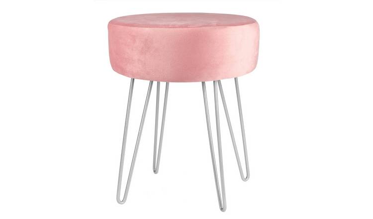 Harbour Housewares Round Velvet Footstool - Pink/Silver
