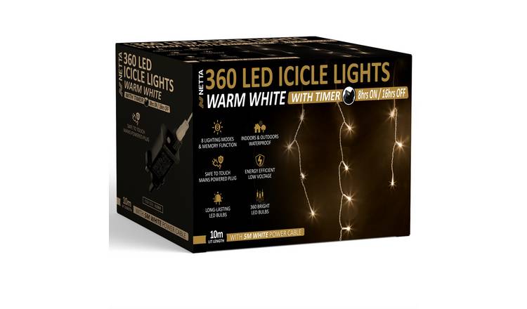 NETTA 10m 360 LED Outdoor Icicle Christmas Lights with Timer - Warm White