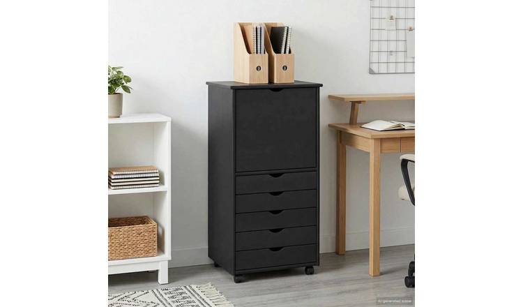Walplus 5 Drawer Solid Pine Rolling Cabinet - Grey - 53 x 39 x 103 cm