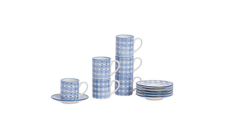 Nicola Spring 12 Piece Hand-Printed Espresso Cup & Saucer Set - 65ml - Navy