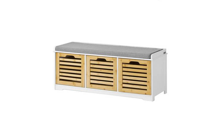 SoBuy 3 Bamboo Pull-out Drawer Shoe Storage Bench - White