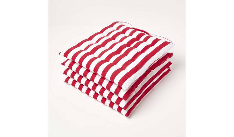 Homescapes Pack of 4 Red Stripe Seat Pad with Button Straps