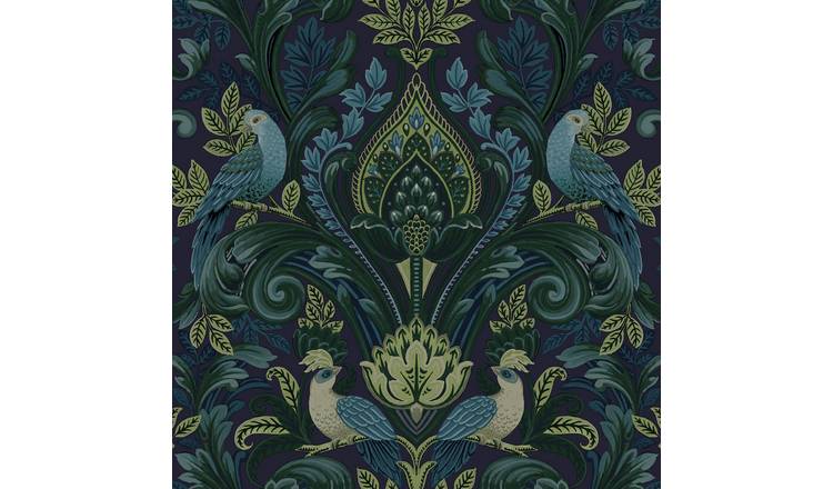 Grandeco Peacock and Leaf Scrolls Opulent Damask Textured Wallpaper - Green Blue