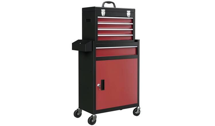 HOMCOM Rolling Tool Cabinet on Wheels with 5 Drawers and Lockable Cabinet - Red