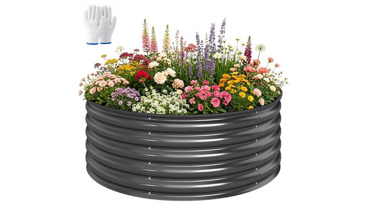 Outsunny Round Metal Raised Garden Bed with Safety Edging - Dark Grey