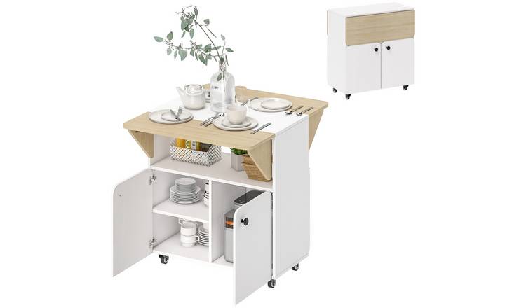 HOMCOM 2-4 Seater Folding Drop-Leaf Wheeled Storage Dining Table - White
