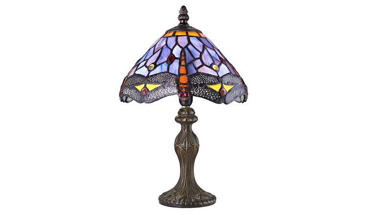 Happy Homewares Hand Crafted Purple Stained Glass Dragonfly Table Lamp - 22cm