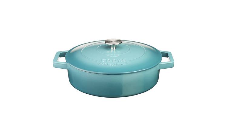 Cooks Professional 28cm Shallow Cast Iron Casserole Dish with Lid - Teal