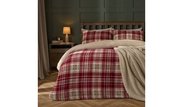 OHS Teddy Fleece Duvet Cover Set Bedding Check Red - King