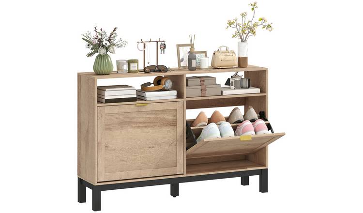 HOMCOM 2 Flip Drawers Narrow Shoe Cabinet with Storage Shelf- Walnut Brown