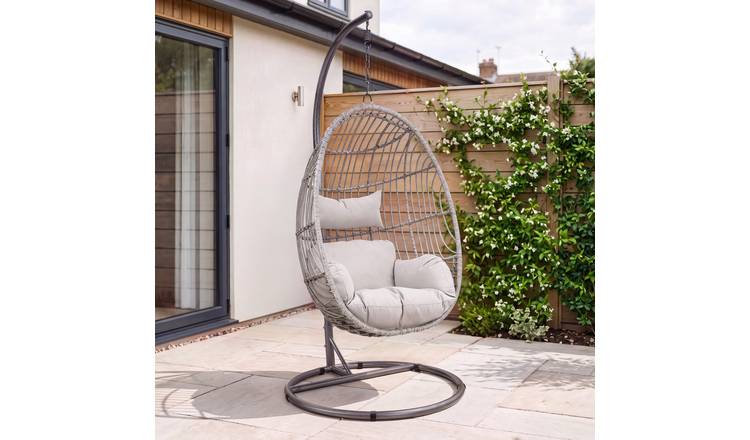 Charles Bentley Hanging Egg Shaped Rattan Swing Chair With Cushion - Grey