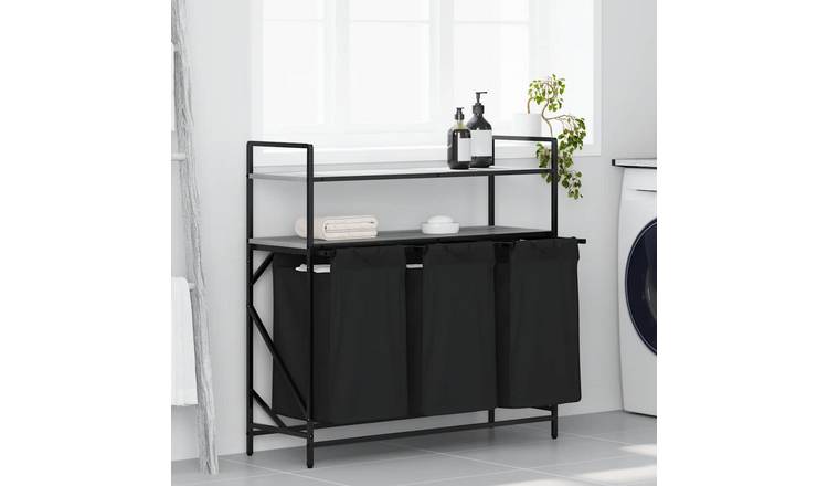 Walplus Laundry Basket 3 Compartments with Shelves - Grey - 99 x 33 x 97 cm