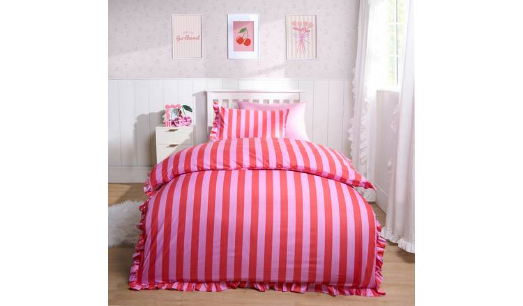 OHS Frill Duvet Cover Bedding Set Stripe Pink - Double
