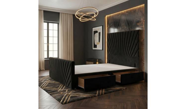 Somnior Velvet Small Single 2 Draw Divan Bed with Footboard & Headboard - Black