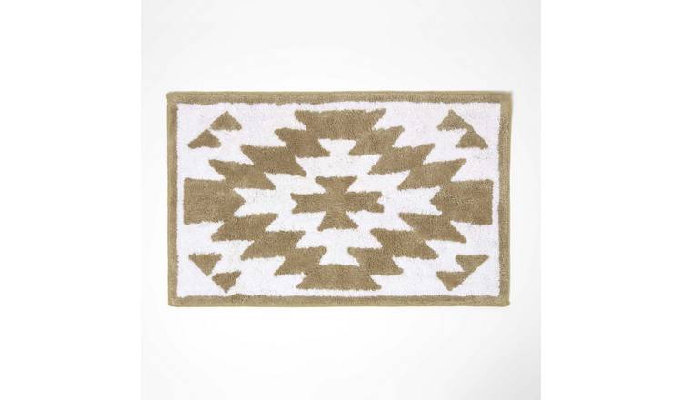 Homescapes Natural and White Bath Mat 100% Cotton Aztec Design, 50 x 80 cm