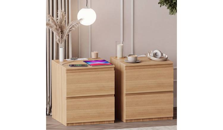 Vida Designs Denver 2 Drawer Bedside with Power Outlet - Set of 2 - Pine