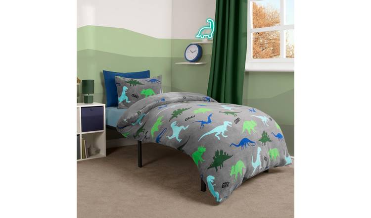 OHS Kids Dino Print Fleece Duvet Cover Set - Grey - Junior