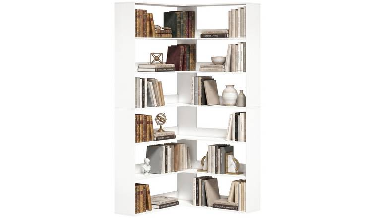 HOMCOM 7 Tiers Corner Storage Bookcase - White Wood