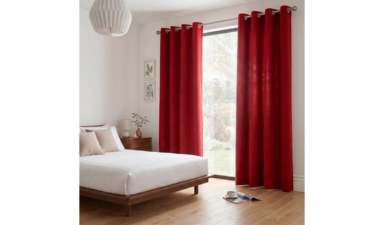 Luxury Living Velvet Chenille Eyelet Curtains 142cm x 229cm - Red