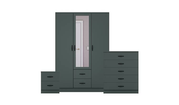 Vida Designs Riano Bedroom Set (Bedside, 4 Drawer Chest, Mirror Wardrobe)- Green
