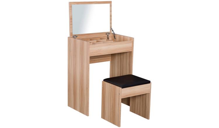 HOMCOM Dressing Table with Flip Up Mirror and Padded Seat - Wood Grain