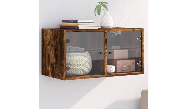 Walplus Engineered Wood Glass Door Wall Cabinet - Dark Oak - 68.5 x 37 x 35 cm