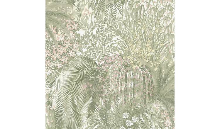 Grandeco Paradise Trees Foliage and Flowers Smooth Wallpaper - Green Blush Pink