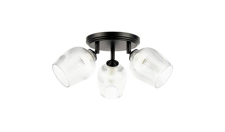 Happy Homewares Matte Black Triple Spot with Clear Ribbed Ceiling Light - 47cm