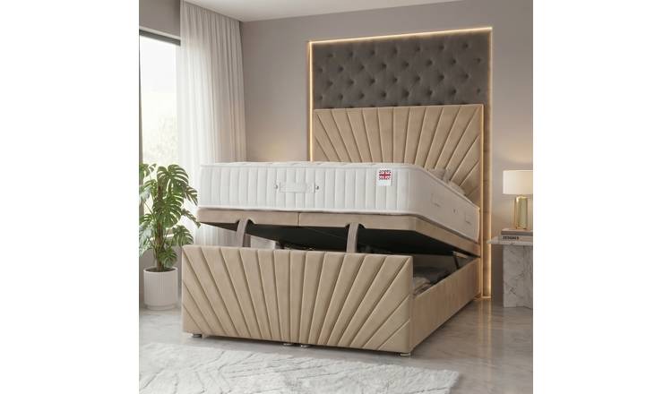 Somnior Velvet Small Double Ottoman Divan Bed with Memory Mattress - Beige