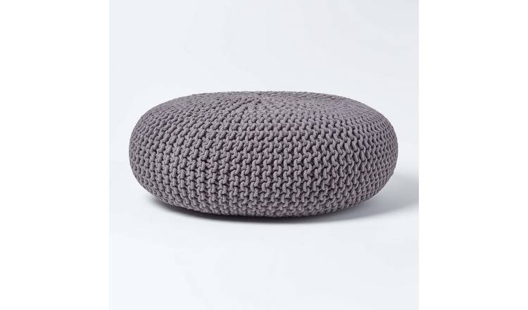 Homescapes Large Round Cotton Knitted Pouffe Footstool – Dark Grey