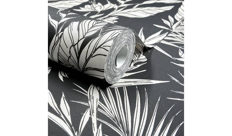 Grandeco Glistening Lucia Tropical Foliage Blown Vinyl Wallpaper - Black