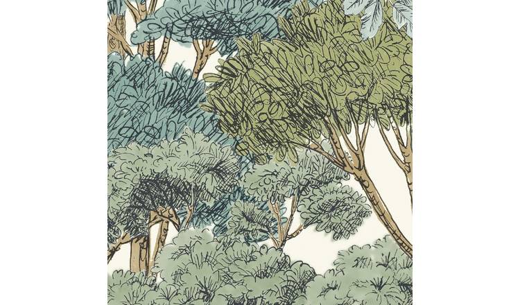 Grandeco Botanical Sketched Forest Trees Textured Wallpaper - Green