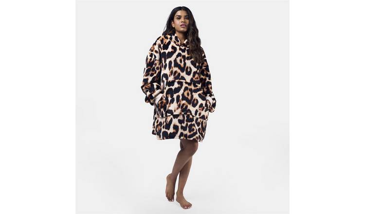 OHS Leopard Print Hoodie Blanket - One Size - Natural